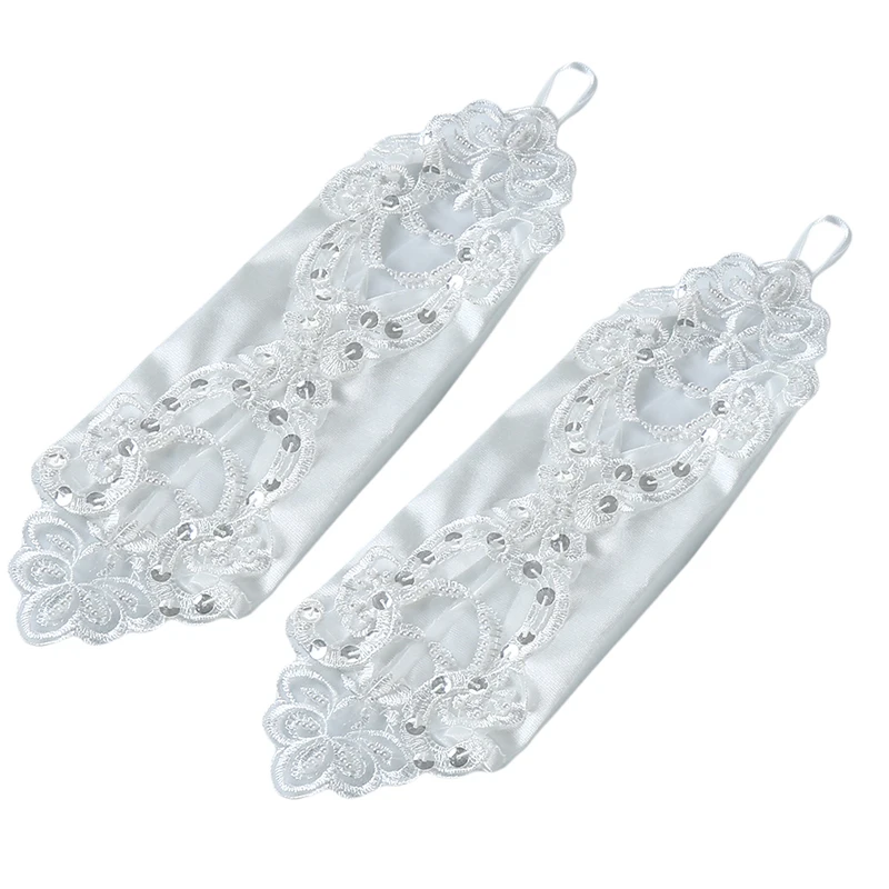 

White Woman Lace Wedding Gloves Wrist Length Long Lace Appliqued Crystal Beaded Wedding Gloves Fingerless Guantes Boda