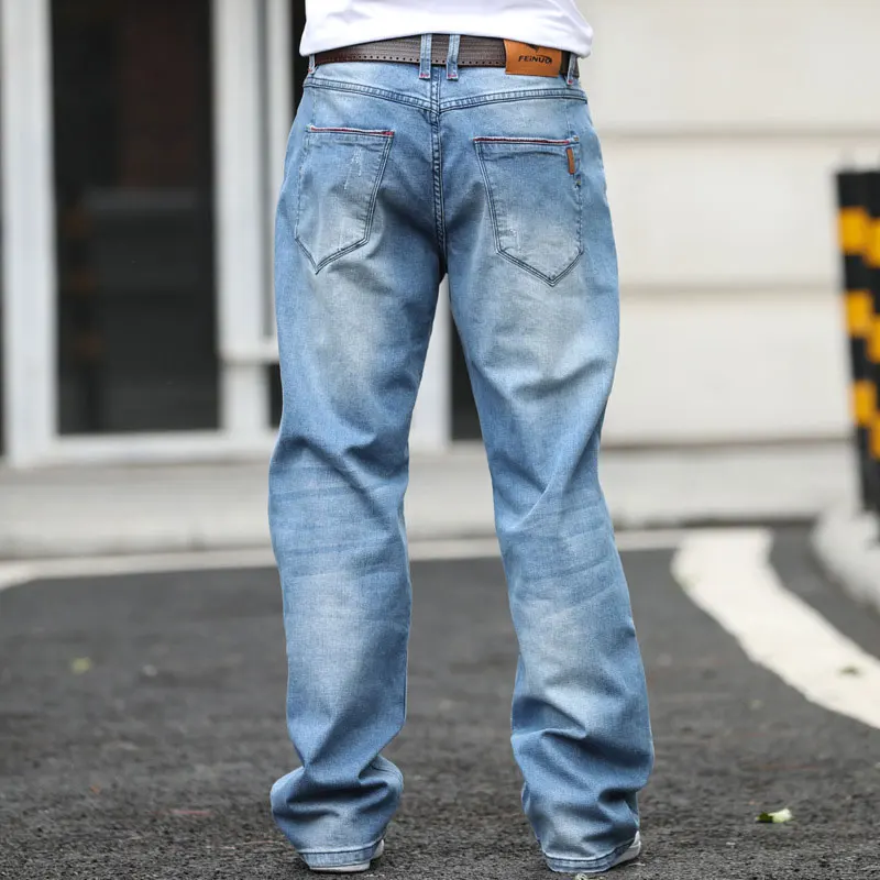 Fashion Elastic Men Jeans Straight Comfortable Loose Baggy Hip Hop Denim Pants Cotton Light Blue Wide Leg Trouser  Large Size 44