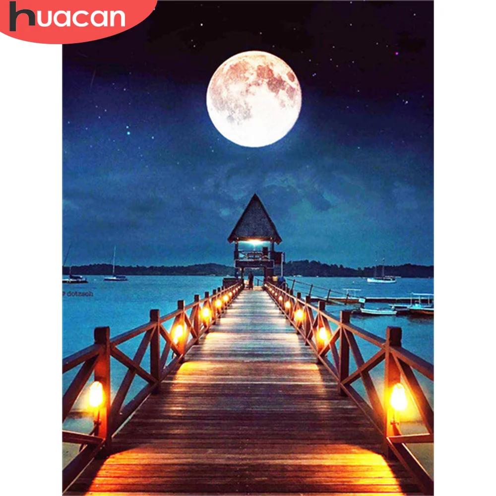 

HUACAN Diamond Embroidery Moon Landscape Diamond Art Painting Night Rhinestone Pictures Diamond Mosaic Bridge Home Decoration