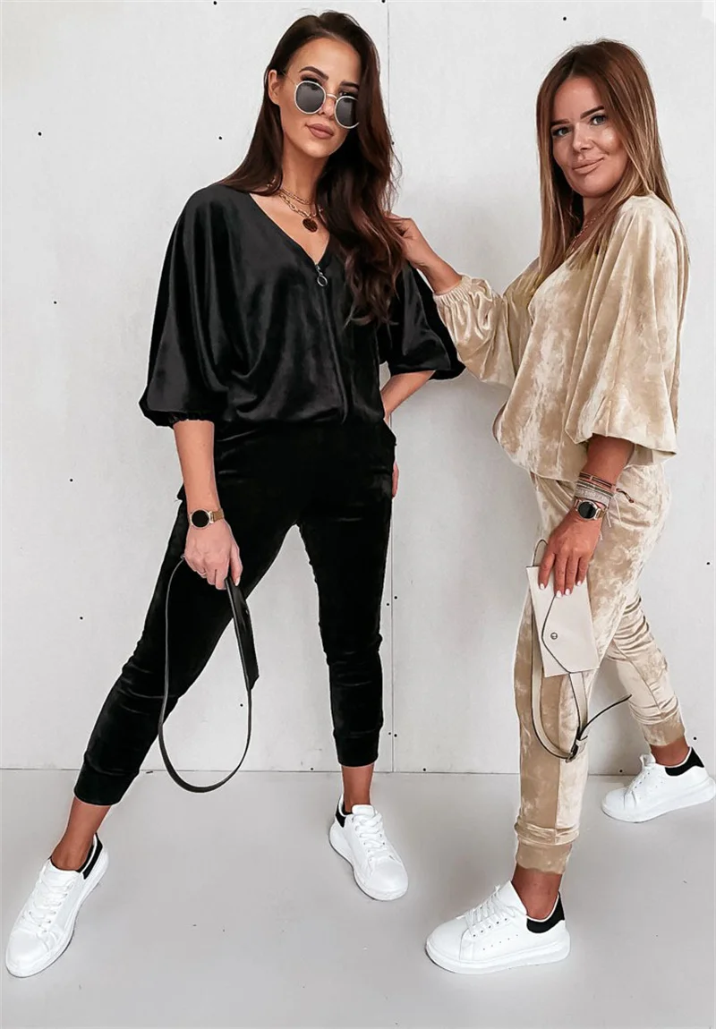 

Spring Autumn Tracksuit Women Two Piece Set V-Neck Long Sleeve Solid Zipper Loose Top + Pants Suit Casual Velvet 2 Pcs Sets Ropa