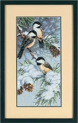 

MM Top Quality Lovely Counted Cross Stitch Kit Chickadees and Pinecones in Winter Snow Birds DIM 13673