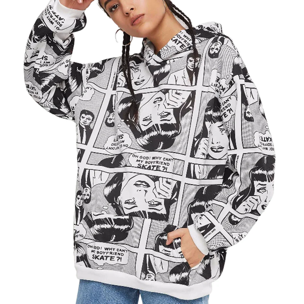 

2020 Spring Casual Simple Hip Hop Office Lady Women Sweatshirts Loose Hooded Cartoon Girls Fall Fleece White Travel Hoodies