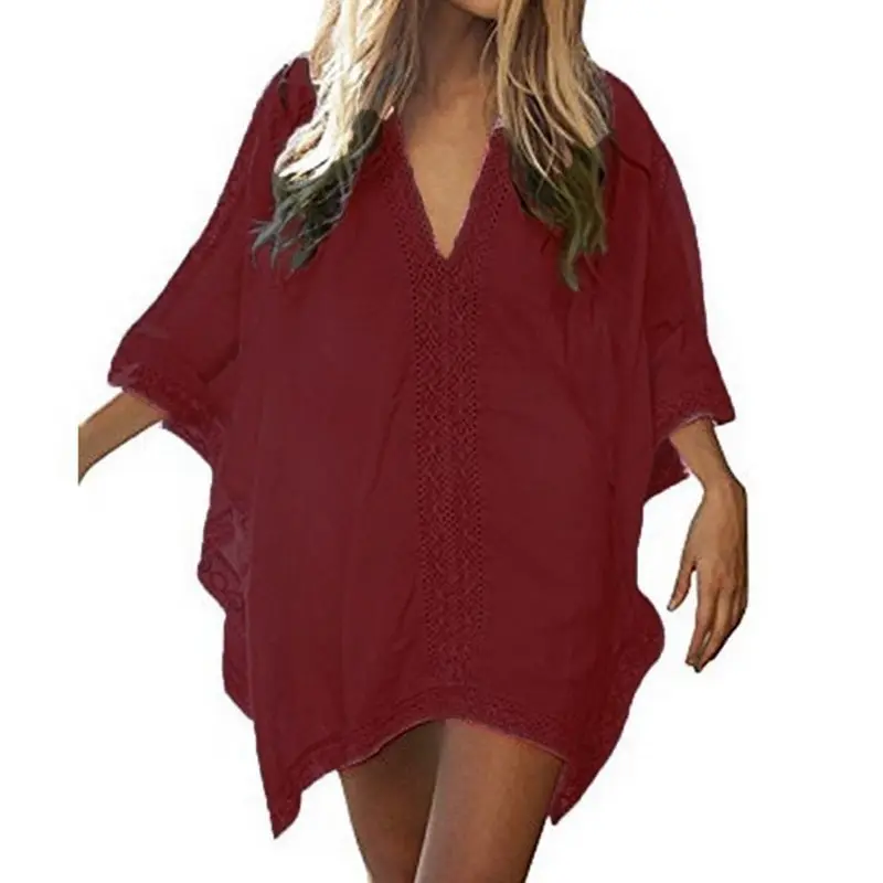 

2021 New Beach Lace Up Cover Up V-Neck Swimsuit Bat Sleeves Chiffon Short Dress Swimwear Bikini Thin Bathing Suit Tunic Summer