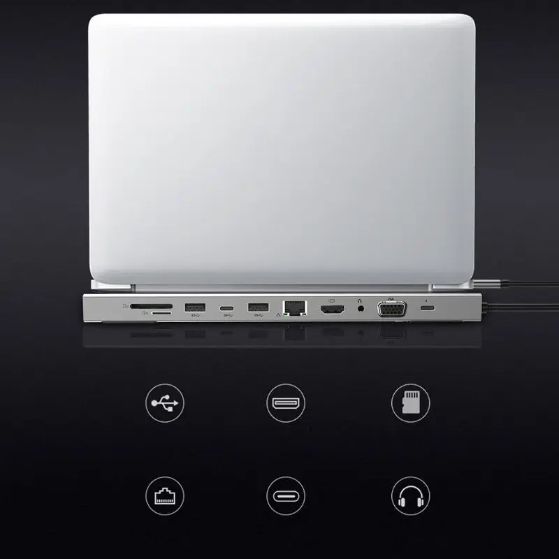 

11 in 1 USB C HUB Type C to 4K VGA 3.5mm A-udio USB-C USB3.0 RJ45 TF/SD Card Reader PD Charing Adapter for MacBook