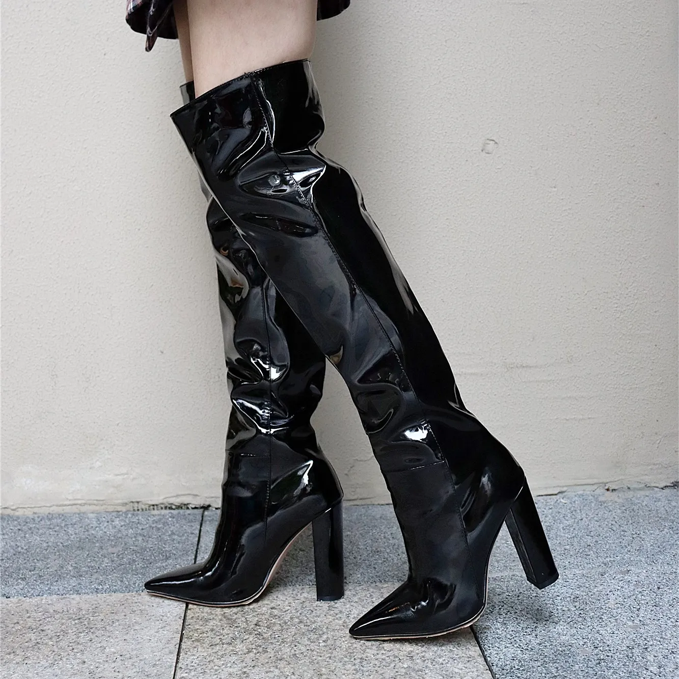 

Patent PU Leather Women Over the Knee Boots Fashion Pointed Toe Thick High Heel Women Long Boots Sexy Red Black Winter Shoes