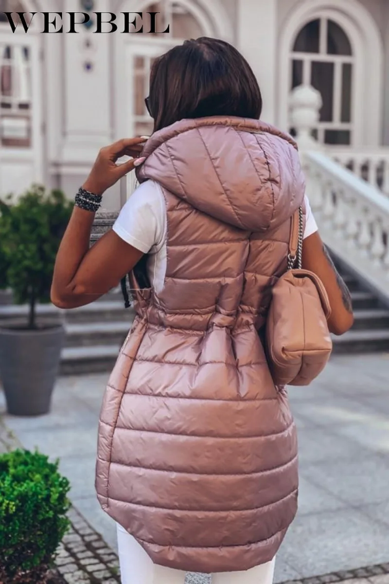 

WEPBEL Women Winter Warm Thick Hooded Vest Drawstring Waist Corset Zipper Hooded Parka Ladies Elegant Shiny Coat Jacket Overcoat