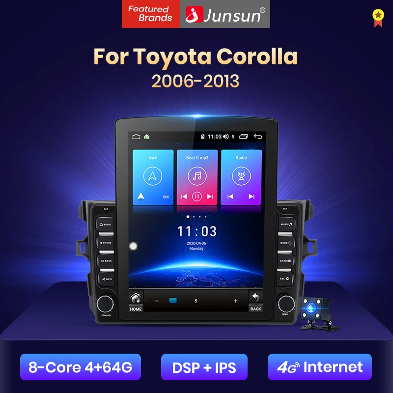 Junsun V2 Pro Вертикальный стиль 4G + 64G CarPlay DSP для Toyota Corolla E140 E150 2006 2013 Android 8 1