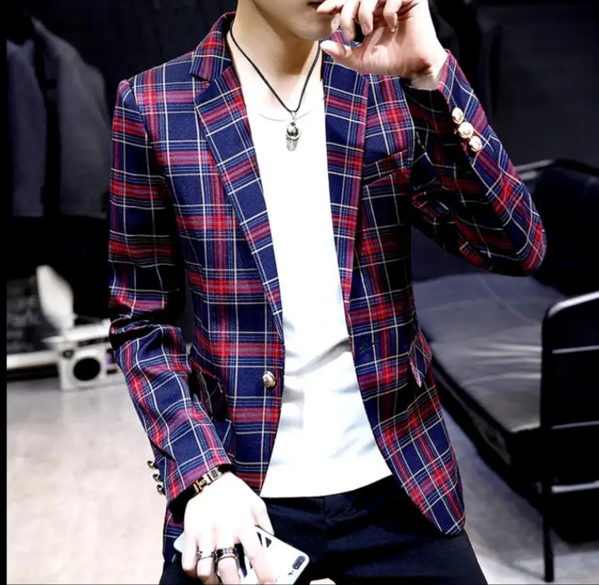 Мужской Клетчатый небольшой костюм куртка с длинным рукавом Корейская версия