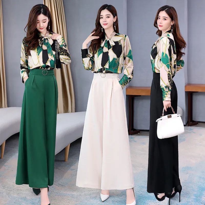 

2021 New Womens OL Summer 2 Two Piece Sets Floral Print Long Sleeve Blouse Top Pants Suit Elegant Women Vintage Office Lady Sets