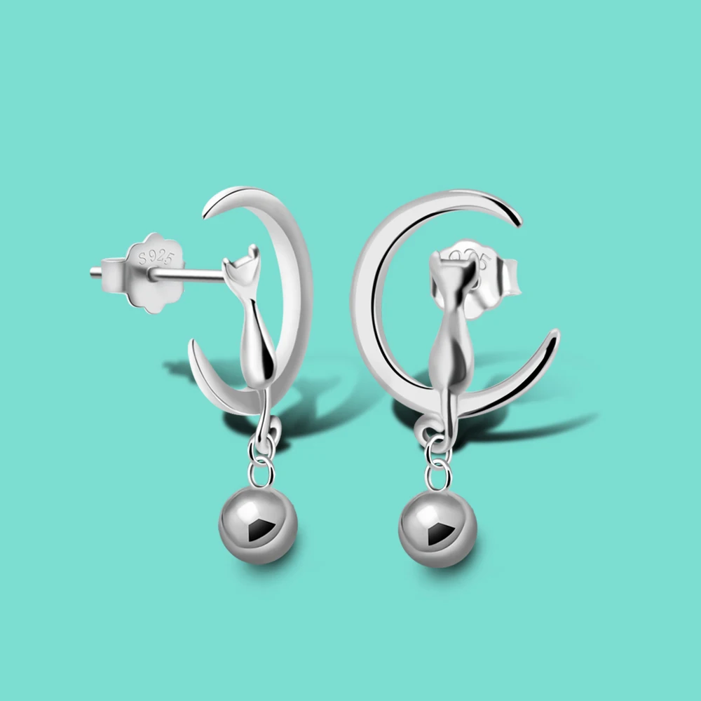 Новый 100% серьги из серебра 925 Женская Луна кошка колокол дизайн Твердые