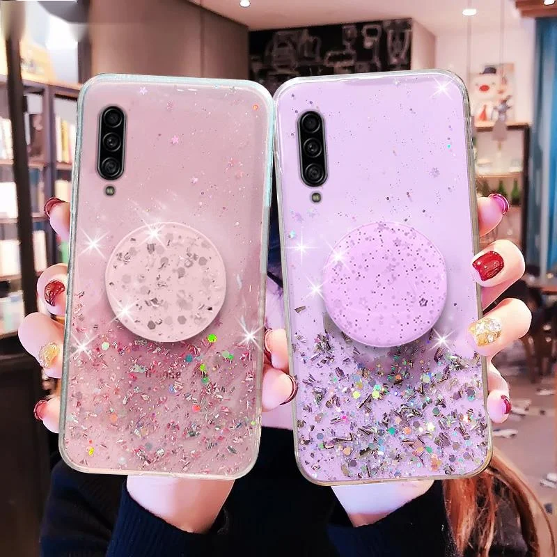 

Bling Glitter Silver Foil phone holder Case For Samsung Galaxy A10 A20 A30 A40 A50 A60 A70 A80 A10S A20S A20E Silicone Cover