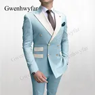 Gwenhwyfar Популярные небесно-голубые свадебные костюмы жениха пиджак брюки 2020 Ранняя осень смокинги для свадебной вечеринки мужские костюмы пиковые лацканы