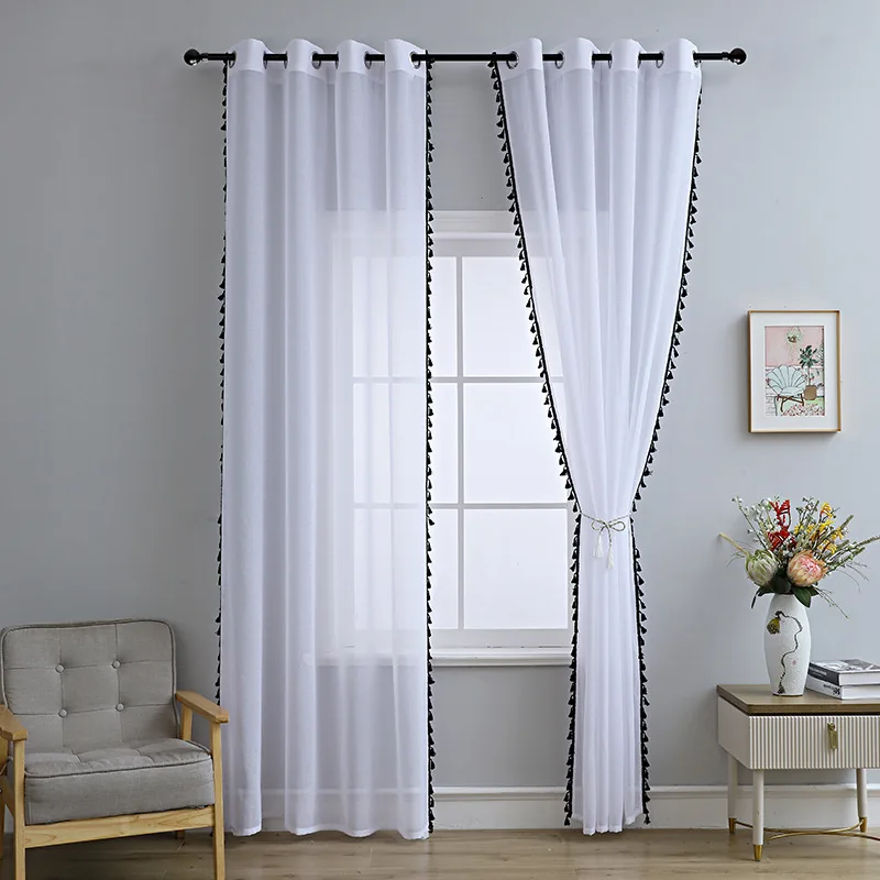 

Черные прозрачные шторы с кисточками для гостиной, спальни, льняные белые полупрозрачные шторы, вуаль, панели для декора комнаты принцессы