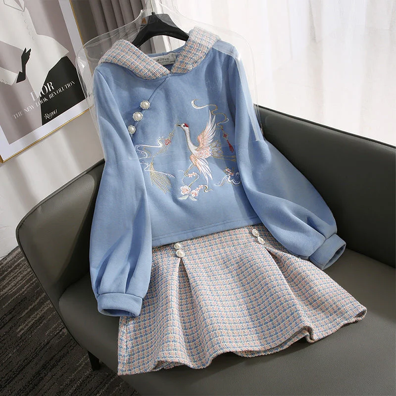 

Plus Size Women's Autumn Suit Female 2021 New Waist Slimming Embroidery Chinese Style Hoodies Sweatshirt And Skirt Two-piece