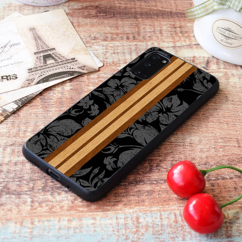 

For Samsung Galaxy Sunset Beach Hawaiian Faux Koa Wood Surfboard - Black and Gray Soft TPU border Samsung Galaxy Case
