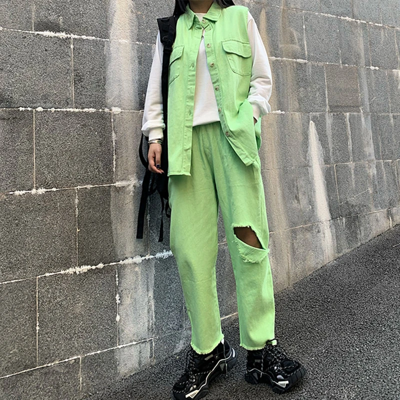 Женский джинсовый костюм спортивный из двух предметов топ и штаны свободного