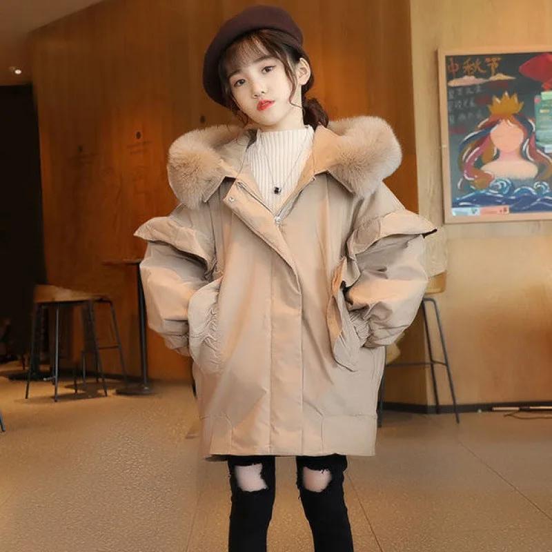 

New Fashion Spring Winter Girls Coat Children's Fur Overcoat For Kids Thick Warm Outerwear Jacket Khaki Plus Velvet High Quality