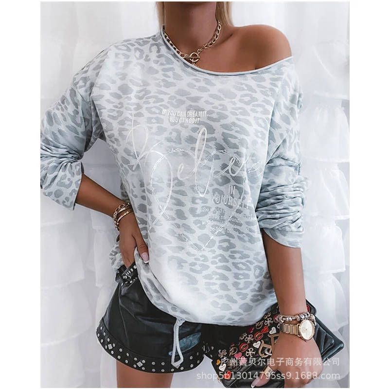 

Mandylandy Women's Elegant Autumn Print Loose Shirt Top Lady Casual Fashion Long Sleeve O Neck Blouse T-shirt