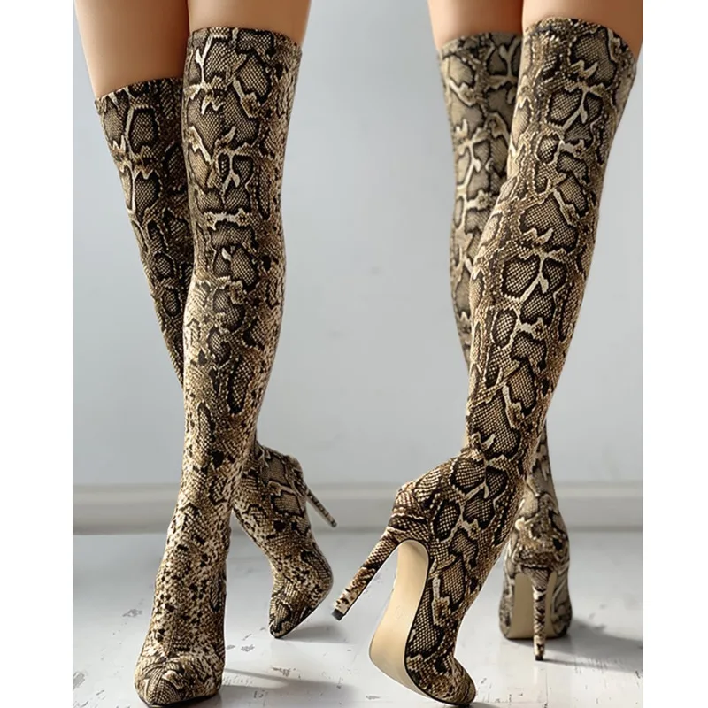 

Thigh boots 2021 new women shoes sexy high heel snake grain Over The Knee stretch Boots autumn Fashion Pointed Toe Ladies shoes