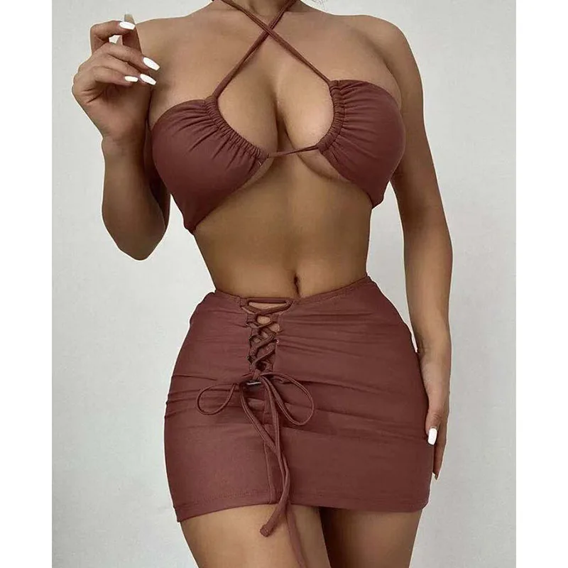 

Three Piece New Sexy Bikini Set Solid Swimwear Women Lace Swimsuit Bathing Suit For Female Brazilian Beach Dress Bikinis Summer