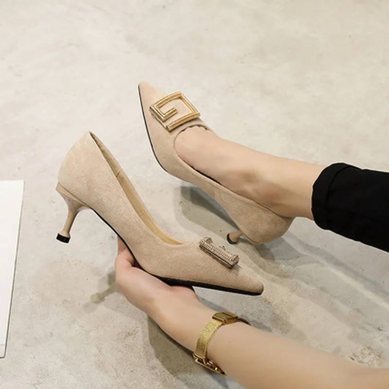

2021 Patchwork Single Shoes Woman Metal Closed Pointed Toe Pumps European Slip on Party Shoes Stiletto High Heels Femme