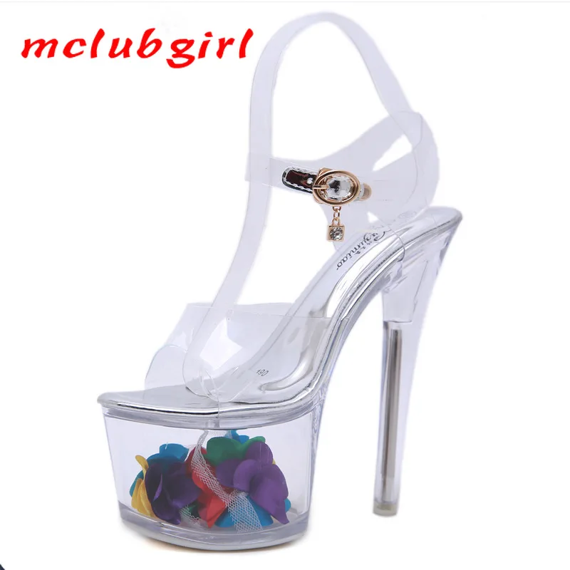 

Mclubgirl 2020 Summer Super High Heels 17CM Stiletto Platform Sandals Women's Transparent Crystal Shoes Nightclub LFD