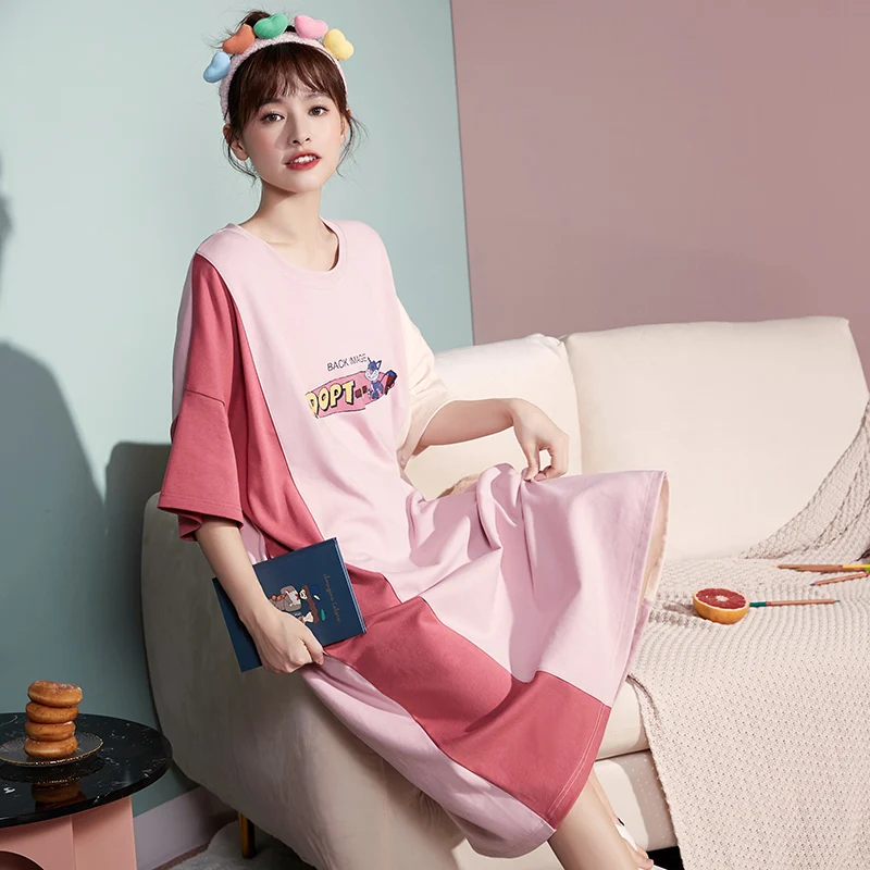 

ATUENDO Summer Kawaii Pink Nightgowns for Women 100% Cotton Satin Fashion Soft Nightdress Atoff Home Silk Homewear Sleepshirts