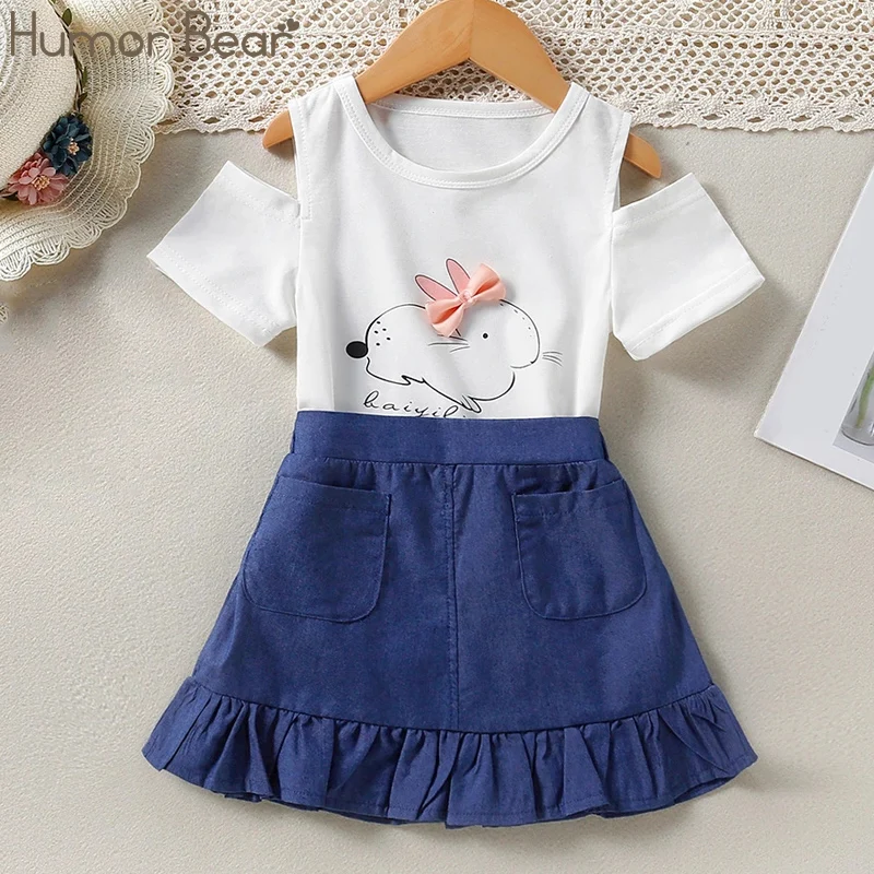 

Летний комплект Humor Bear для девочек, топ с круглым вырезом и длинными рукавами и джинсовая юбка, повседневный Детский комплект из 2 предметов