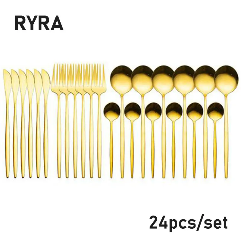 

24 Pcs Gold Dinnerware Set Mirror Stainless Steel Tableware Set Knife Fork Coffee Spoon Flatware Set Dishwasher Safe Cutlery Set