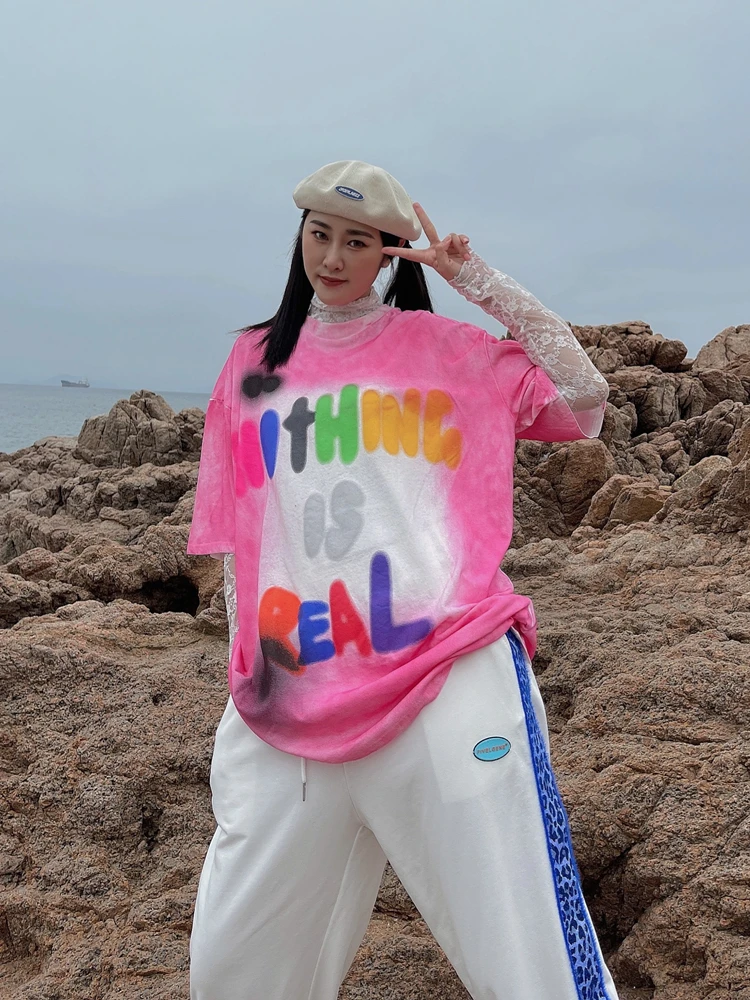 

Summer tie dye gradient rainbow letters short sleeve T-shirts couple high street vibe hip hop women top tees