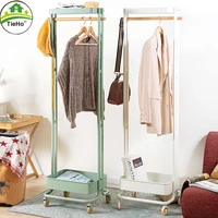 metal simple floor standing coat rack with wheels storage basket clothes rack removable wardrobe bedroom clothing storage shelf