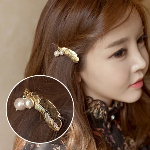 Модные Винтажные металлические заколки для волос в форме листьев из жемчуга и