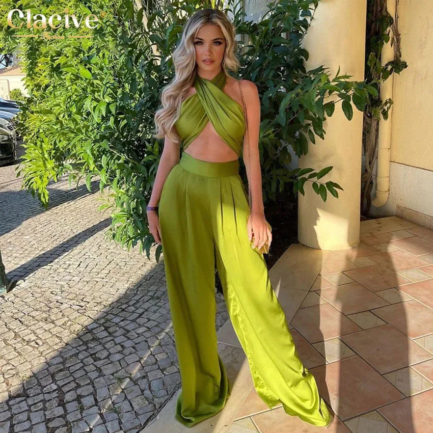 

Clacive Sexy Chic Satin Women Two Piece Set Summer Halter Tank Top High Waist Palazzo Pants Set Fashion Party Club 2 Piece Set