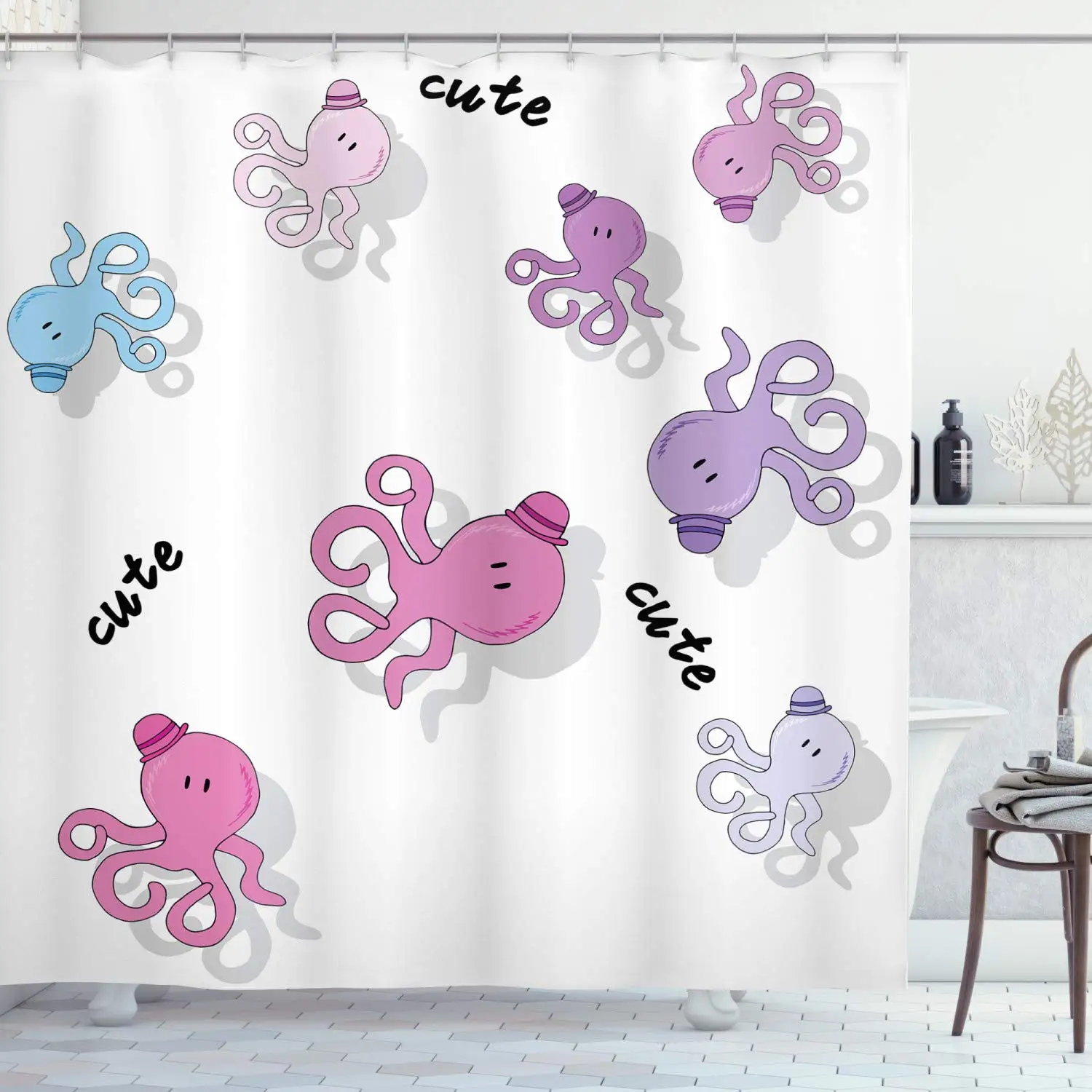 Feminine Shower Curtain Octopus Pattern Colorful Drop Shadow Cartoon Illustration Childish Print Bathroom Decor Set with Hooks | Дом и сад