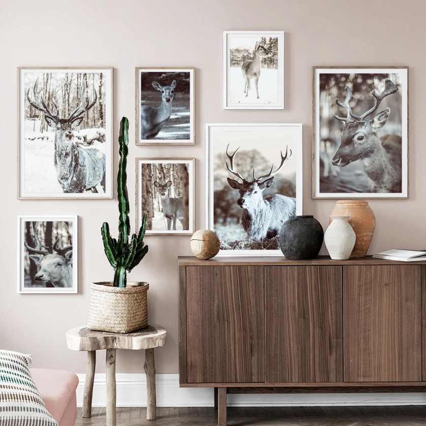 Олень сосновый леса дерева снега чувство зимние Wall Art Холст Картина Nordic Плакаты и