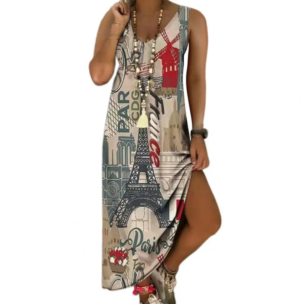 

Hot Sales Women Dress Plaid Print V Neck Summer Tree Mountain Print Sleeveless Dress for Beach