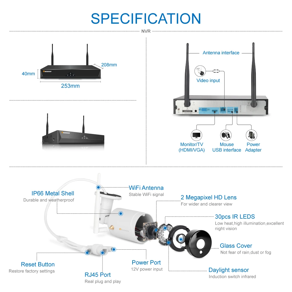 Einnov CCTV камера системы безопасности комплект Открытый водонепроницаемый IP66 видео