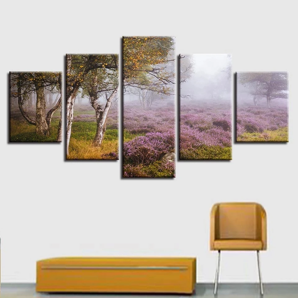 

Canvas HD Prints Poster Painting Wall Art 5 Pieces Lavender Flowers Trees Natural Scenery Picture Modular Living Room Home Decor