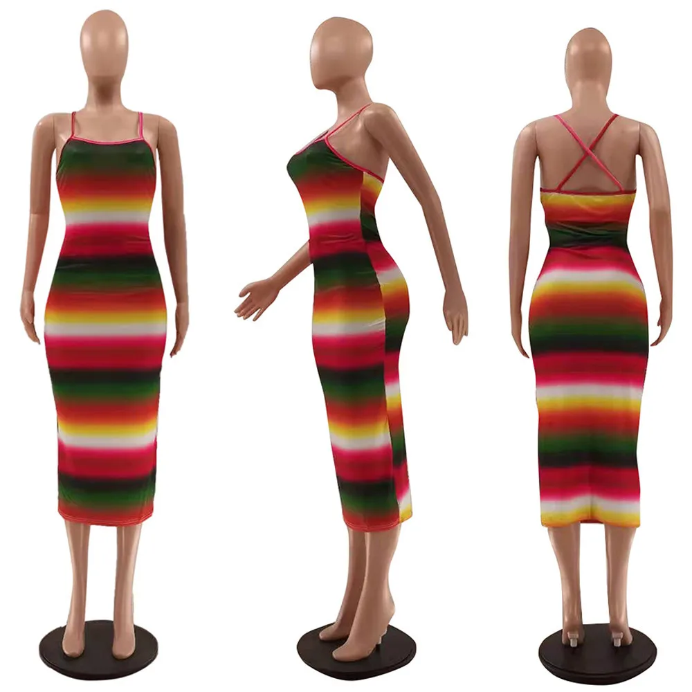 С радужным принтом спагетти ремень длинное платье женская одежда со стильным