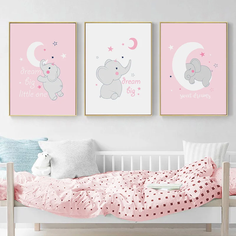 Розовый Симпатичный слон Луна Холст плакат минималистский Детский Настенный