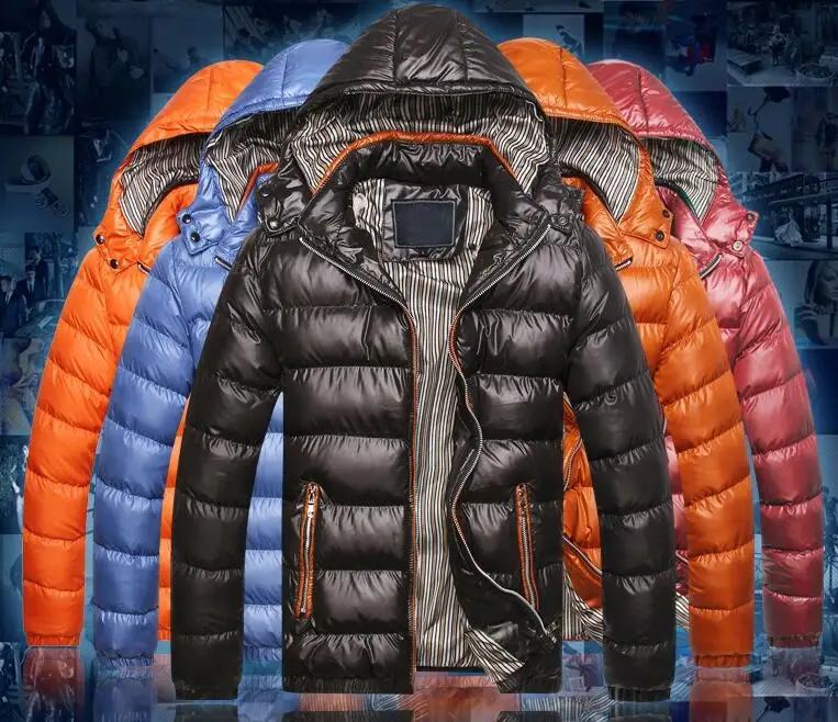 Male Casual Outwear Windbreaker Hoodies Brand Removable Cap Coat  Bright Winter Men Jacket Fashion Cotton Thermal Thick Parkas