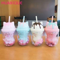 cute cartoon ins cats paw straw double layer plastic cup photo creative modeling fashion cherry blossom petal straw cup