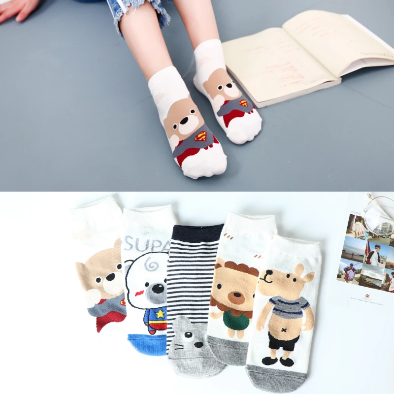 5Pairs/Lot Ankle Socks Women Cartoon Animals Kawaii Japanese Cat Bear Dog Fruit Pattern Girls Happy Funny Short Socks 28 Styles