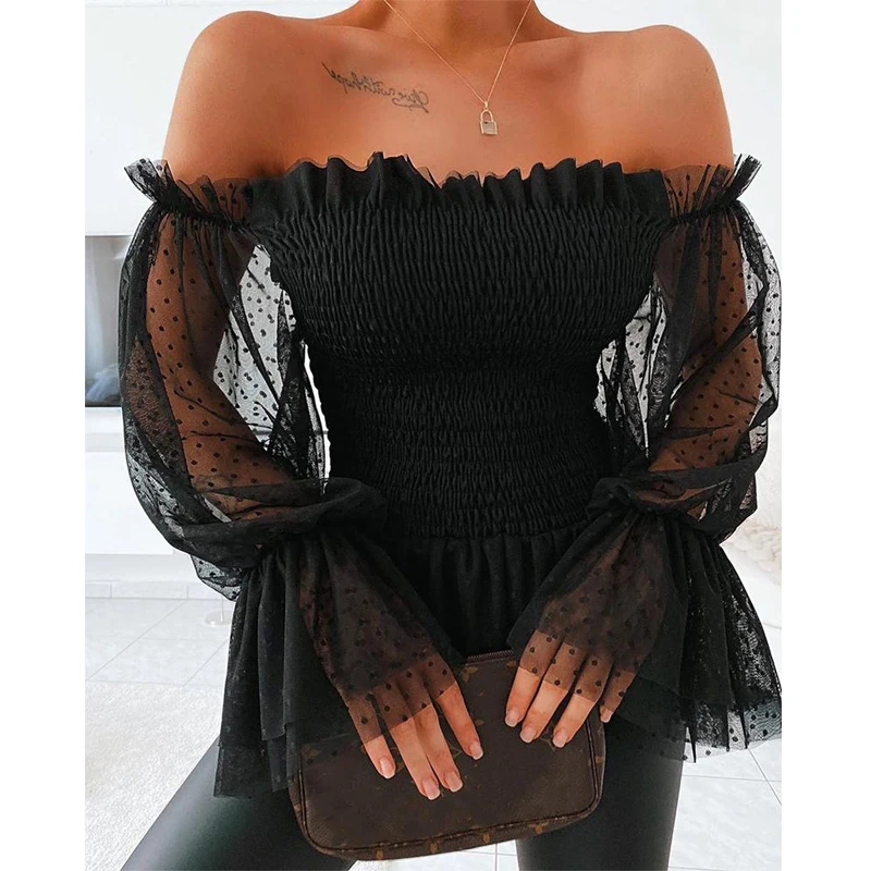 

Sexy Off Shoulder Blouse Women Mesh Flare Sleeve Shirts Summer Fashion Sheer Long Sleeve Lace Frill Blouser Tops Blusas De Mujer