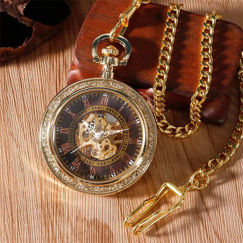 Vintage Roman Numerals Transparent Skeleton Mechanical Pocket Watch Golden Open Face Manual Hand Winding Pocket Timepiece reloj