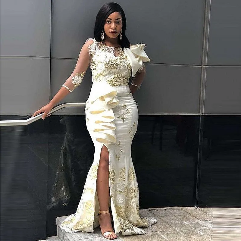 

Aso ebi beige lace applique bow side slit banquet dress prom formal party dress