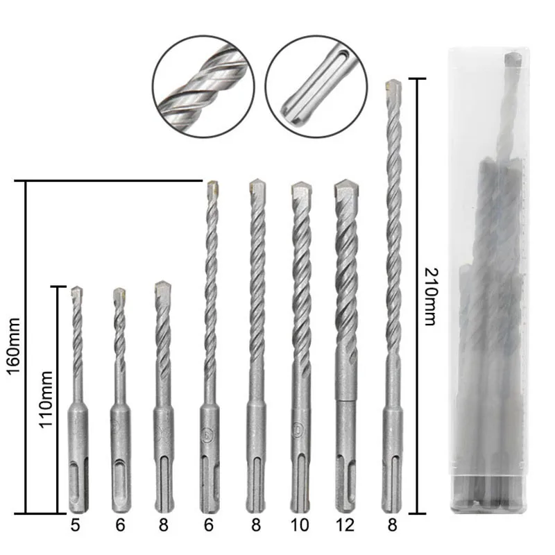 

Electric Hammer Drill Bits 210mm 5/6/8/10/12mm Crosshead Twin Spiral SDS Plus for Masonry Concrete Rock Stone Twist Drill Bits