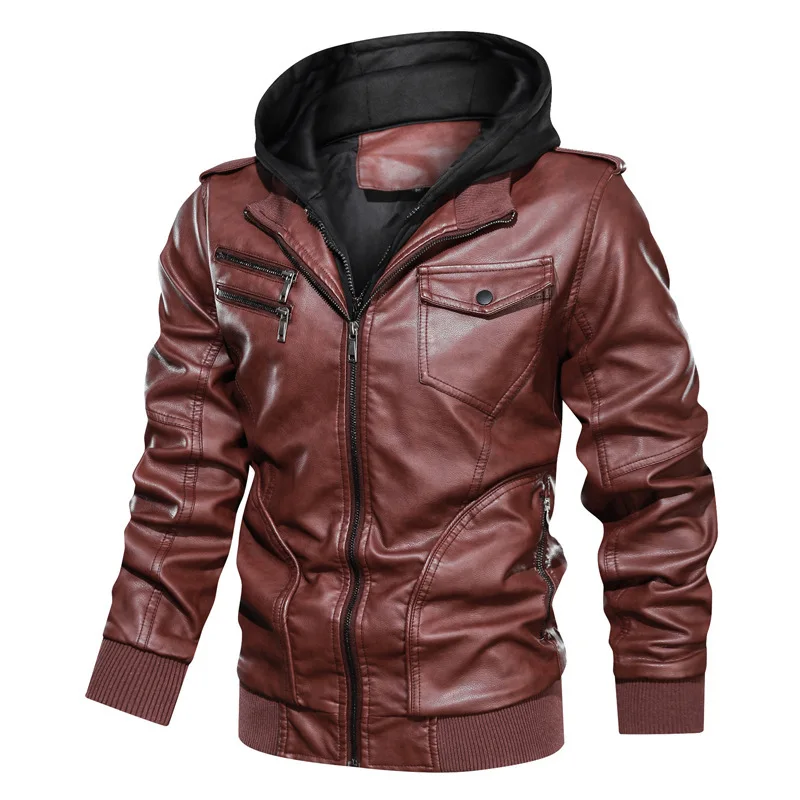 

Мужская куртка из ПУ кожи со съемной шапкой, повседневное мотоциклетное кожаное пальто со стоячим воротником и несколькими карманами, зима ...