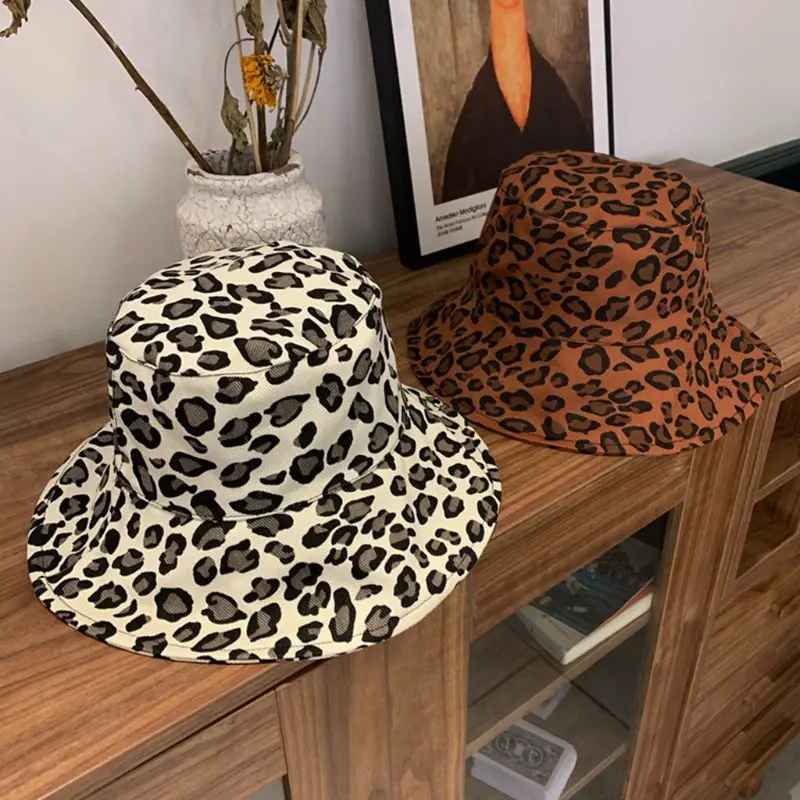 

Women Summer Cotton Bucket Hat Leopard Animal Printed Large Wide Brim Outdoor Sunscreen Travel Packable Fisherman Cap