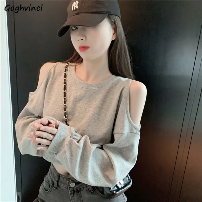 

Long Sleeve T-shirts Women Off Shoulder Streetwear Solid O-Neck Fashion Leisure Ulzzang Autumn Loose Soft All-match Chic Sexy